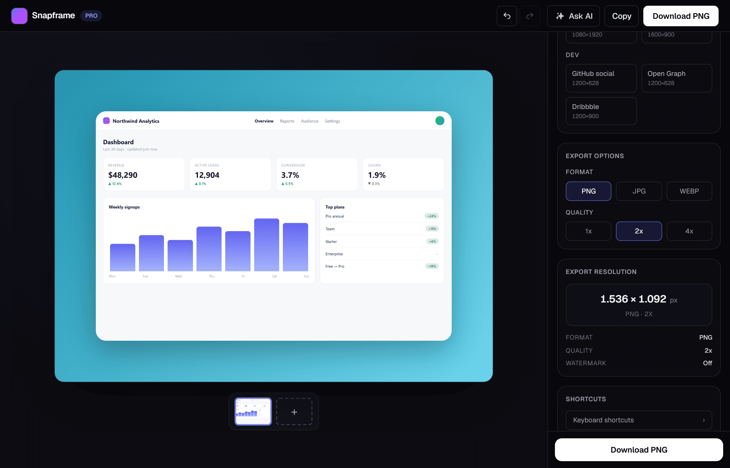 The Snapframe editor: a screenshot on a gradient background with the AI assistant, export presets, quality options and batch thumbnails in the side panel