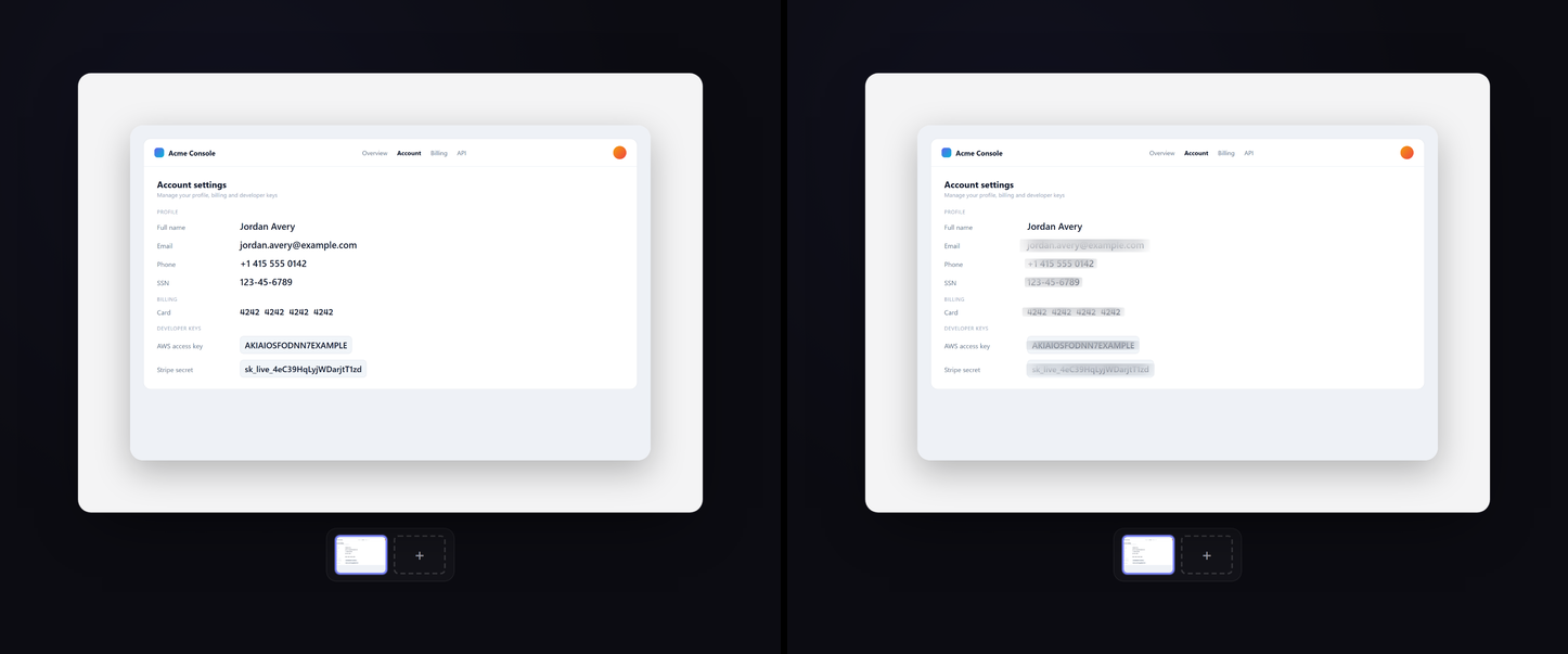 Before and after: an account-settings screenshot with the email, phone number, SSN, card number, AWS key and Stripe key visible on the left, and the same screenshot with all six values blurred by Auto-Redact on the right.